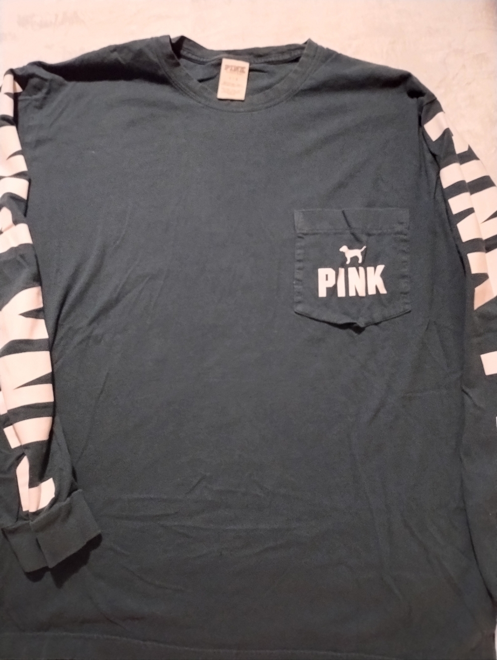 PINK Victoria's Secret Dark Teal Long Sleeve Pocket Tee with White Sleeve Logo